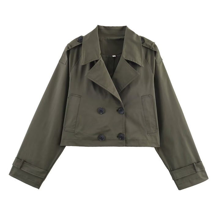 Damen Cropped Doppelreiher-Trenchjacke mit weitem Revers, Epauletten und boxy Schnitt Echo Archiv