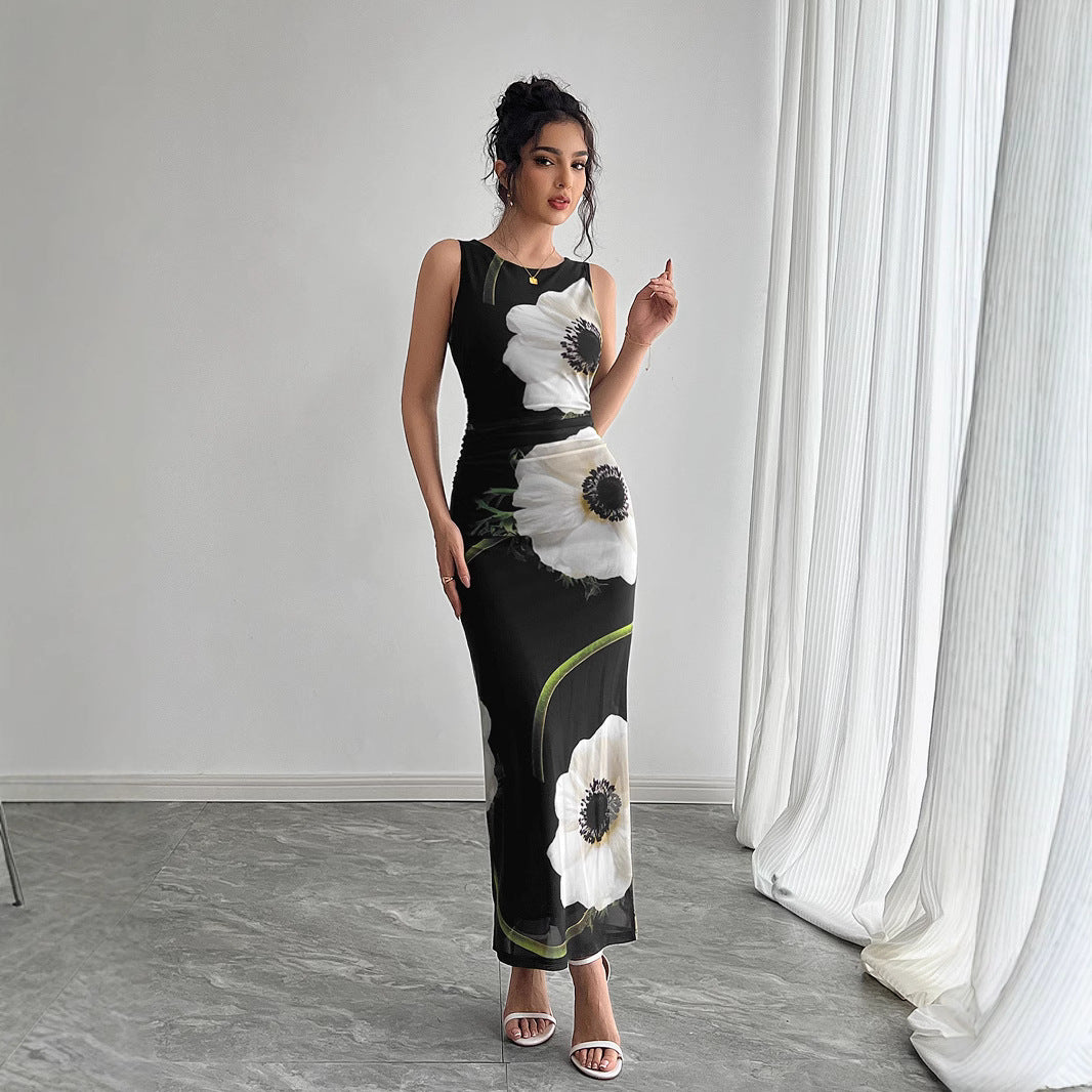 Damen nan figurbetontes ärmelloses Maxikleid mit fotorealistischem Blumenprint und taillierter Silhouette Echo Archiv