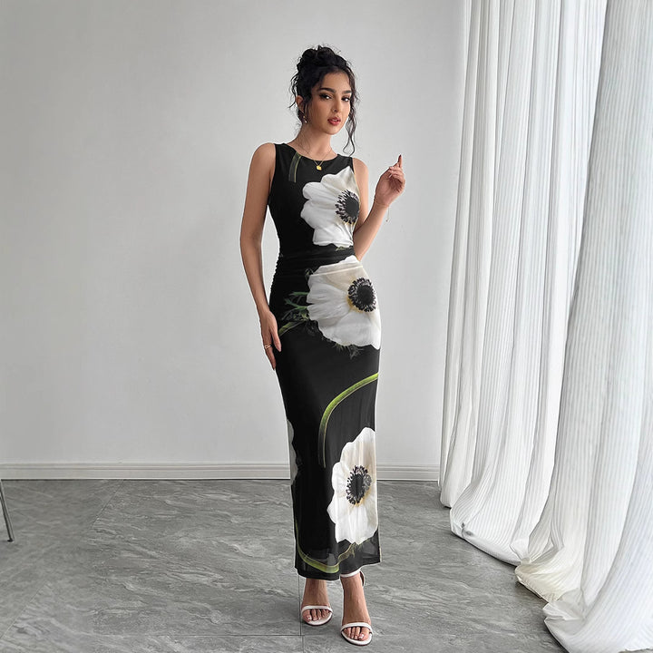 Damen nan figurbetontes ärmelloses Maxikleid mit fotorealistischem Blumenprint und taillierter Silhouette Echo Archiv