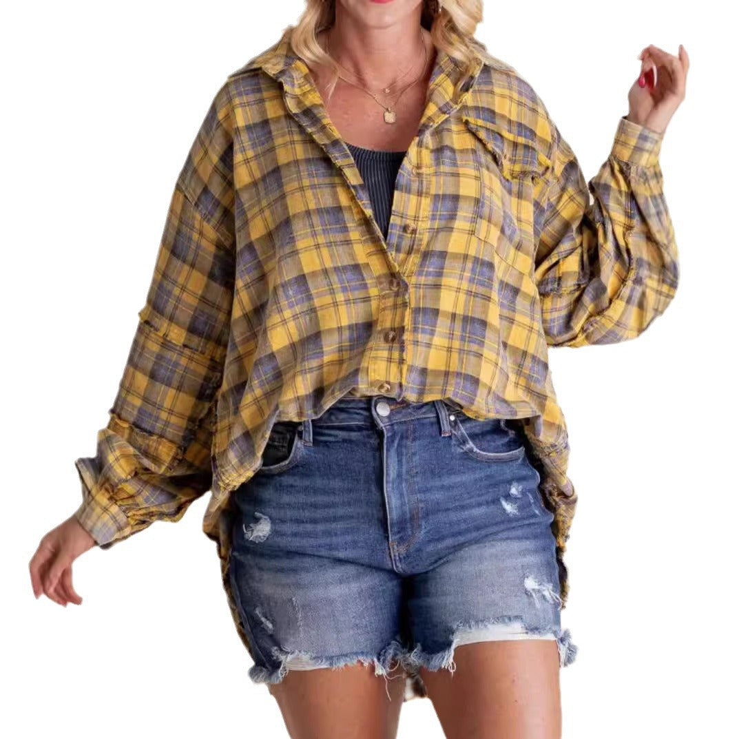 Damen nan oversized Karo-Überhemd mit Fransenbesatz, Brusttaschen und lockerer Passform Echo Archiv