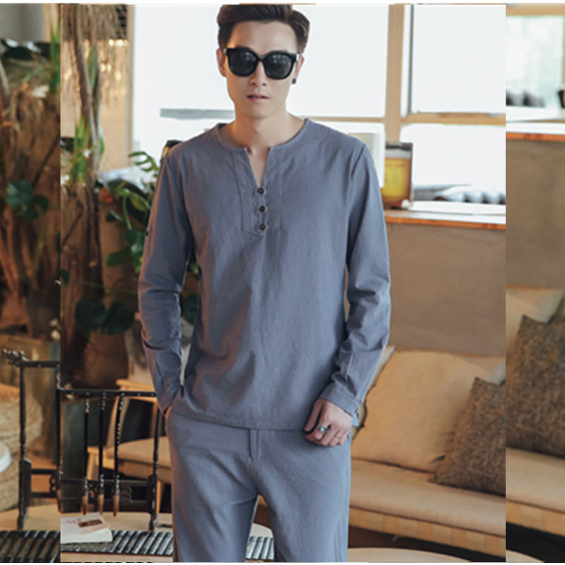 Herren Langärmeliges Henley-Loungewear-Oberteil mit Stehkragen und dekorativer Knopfleiste Echoarchiv