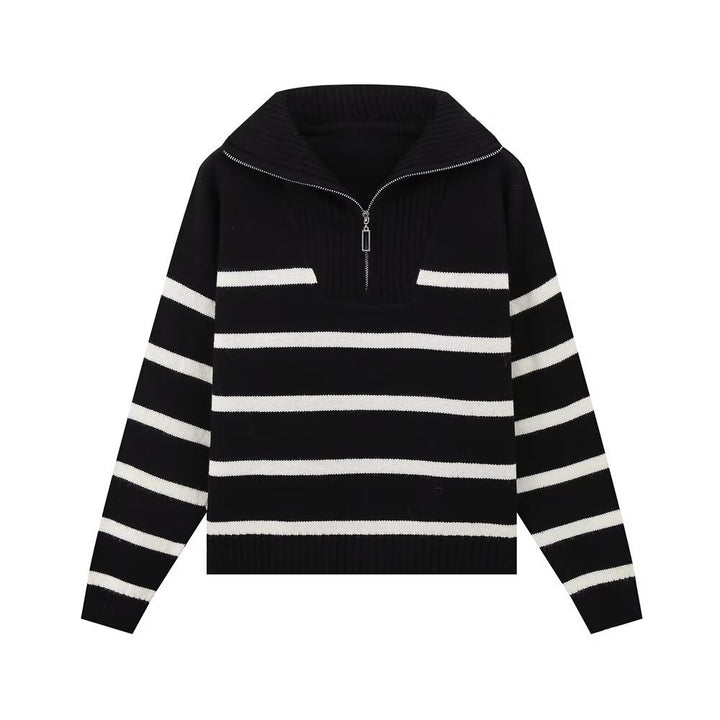 Damen Gestreifter Strickpullover mit hohem Rollkragen und halbem Reißverschluss Echoarchiv