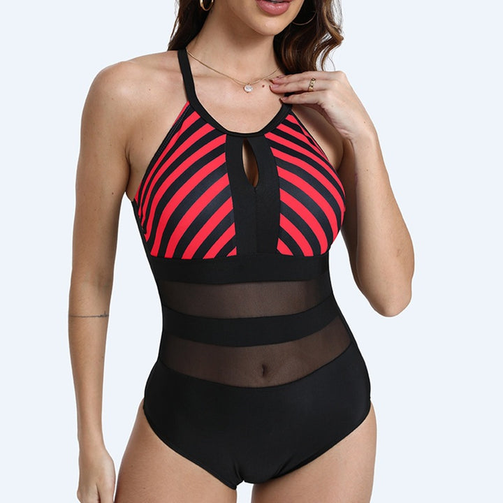 Damen Sportlicher Einteiler Badeanzug mit Netzdetails Echo Archiv
