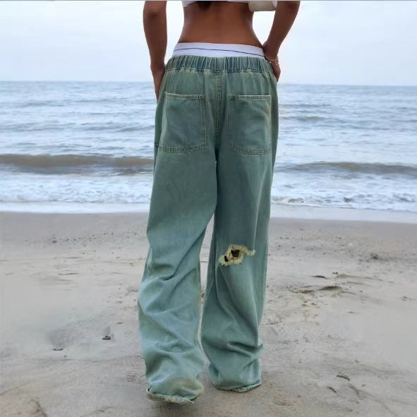 Damen Weite Vintage-Denim-Hose mit elastischem Tunnelzugbund und bodenlangem Baggy-Schnitt Echo Archiv