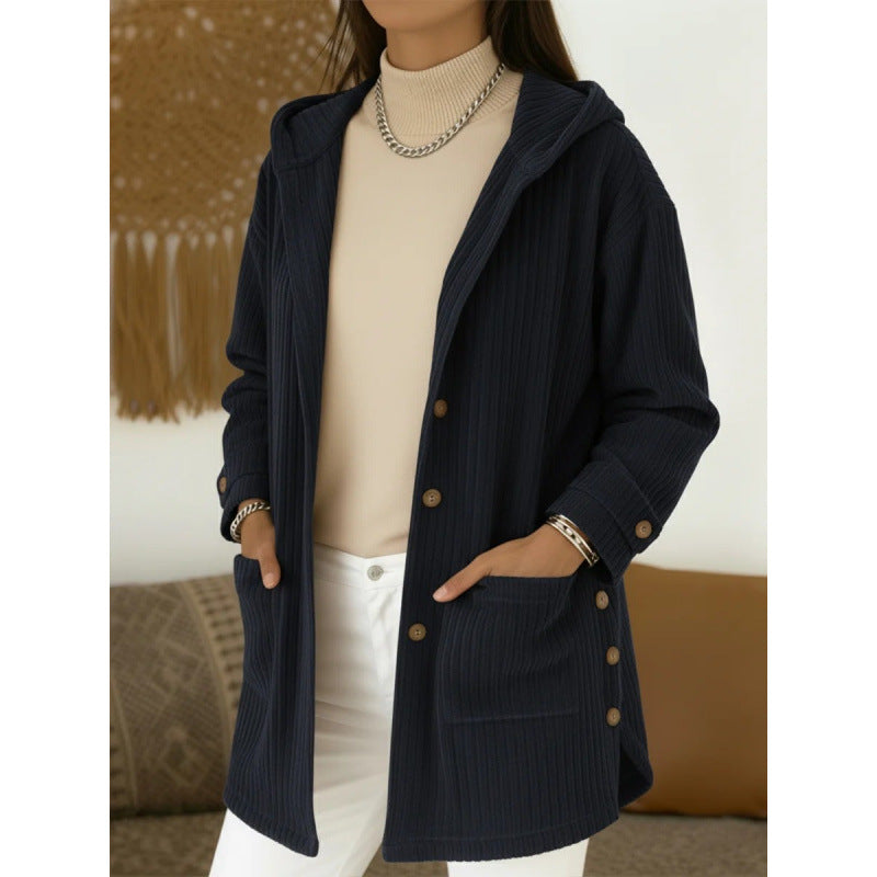 Damen Langer Kapuzen-Strickcardigan mit Rippenstruktur, Knopfleiste und Seitentaschen Echo Archiv
