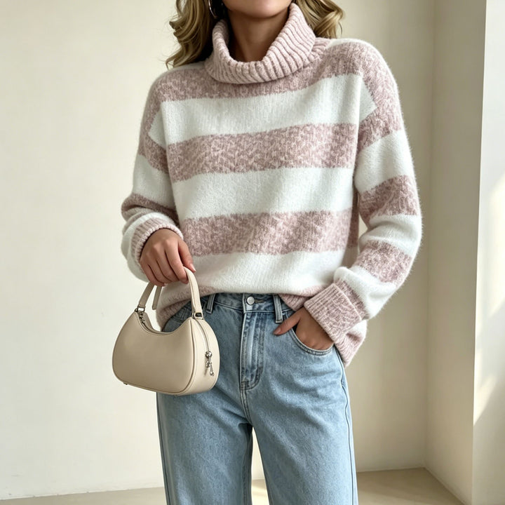 Damen Rollkragenpullover mit breiten Streifen und strukturiertem Bouclé-Strick – Mavelle