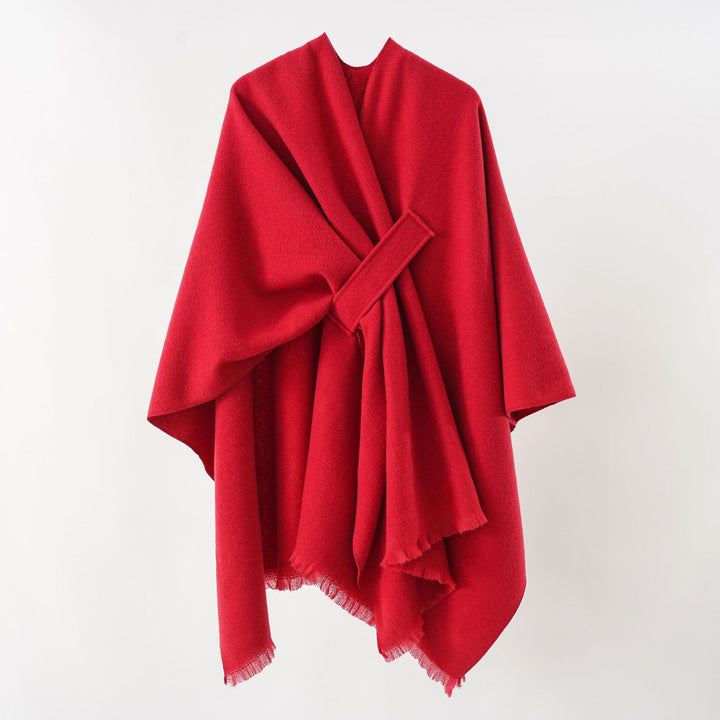 Damen Strickponcho mit geometrischem Blockmuster und Fransen Echo Archiv