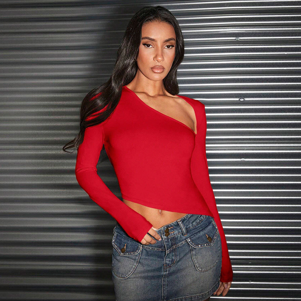 Damen asymmetrisches Langarm-Cropped-Top mit Ein-Schulter-Detail und sculptender Passform – Avérine