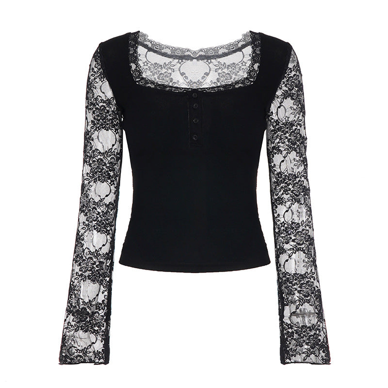 Damen Elegantes Langarmshirt mit Spitze und Knopfdetails Echo Archiv