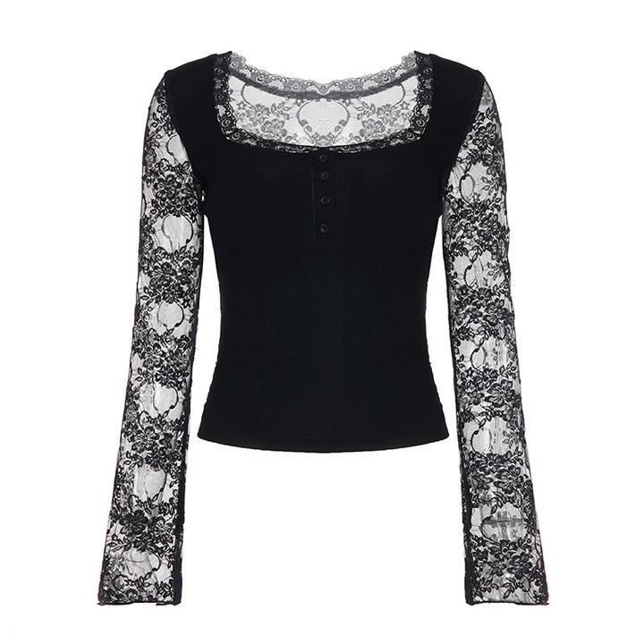 Damen Elegantes Langarmshirt mit Spitze und Knopfdetails Echo Archiv
