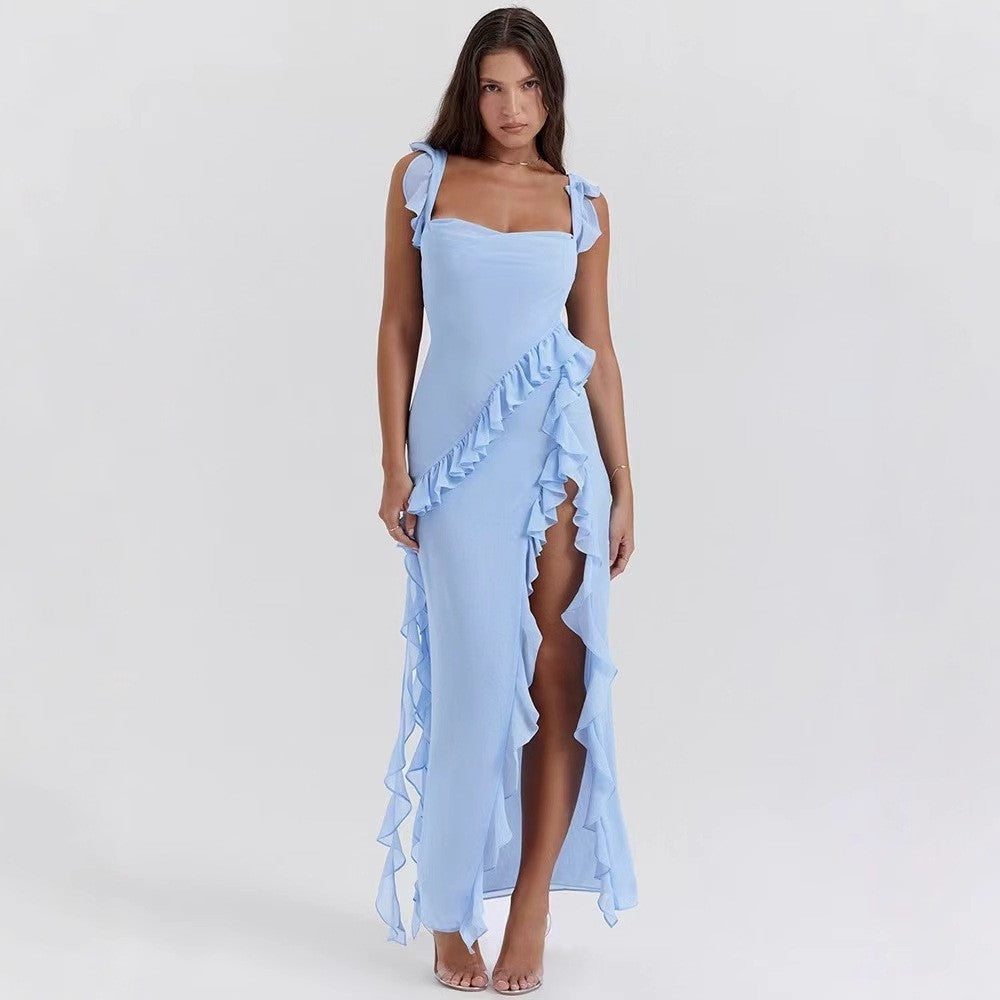Damen asymmetrisches Maxi-Kleid mit Rüschendetails und hohem Schlitz Echo Archiv