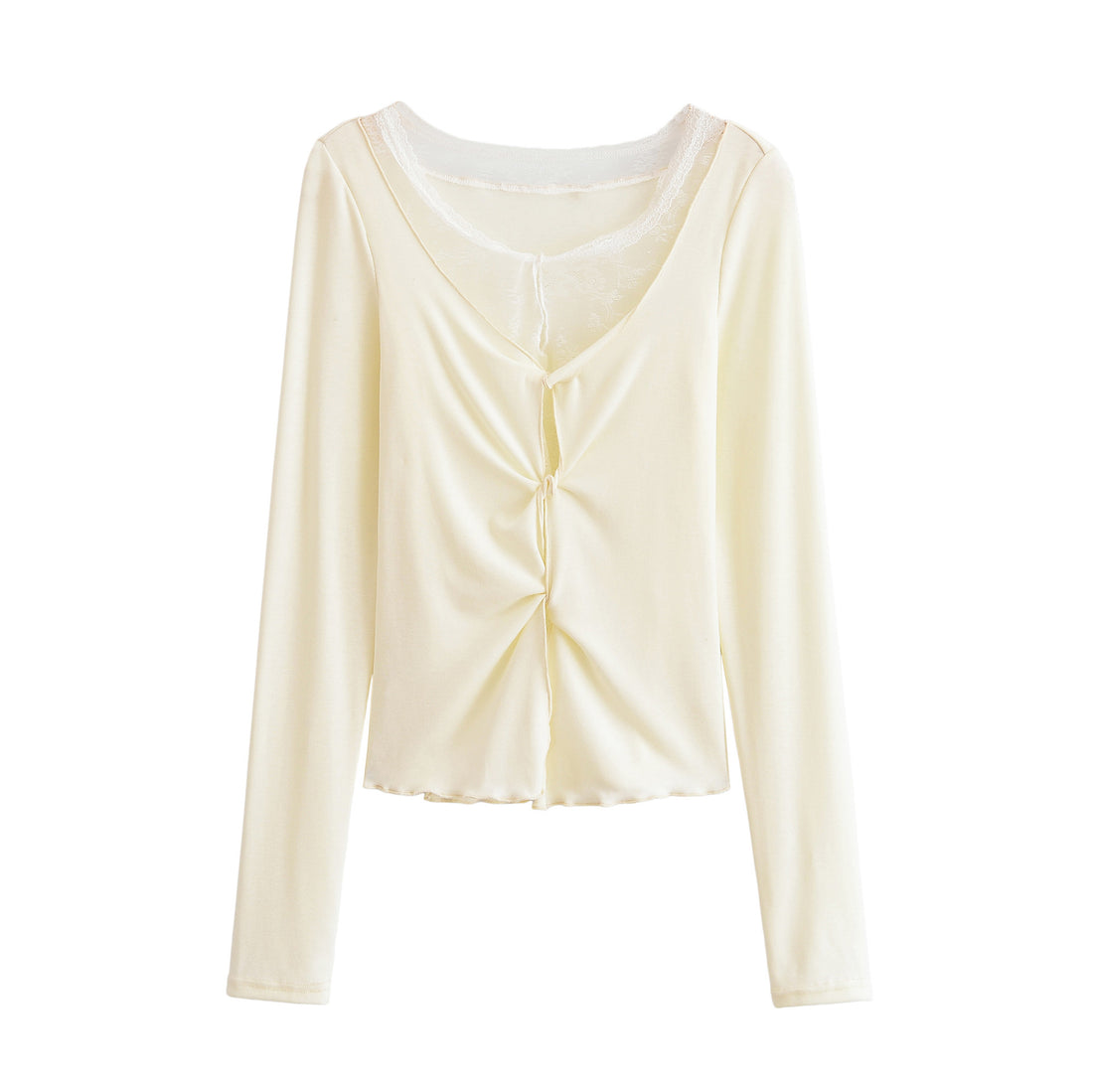 Damen Langarm-Feinjersey-Top mit Spitzen-Einsatz, Knotenfront und Raffung Echoarchiv