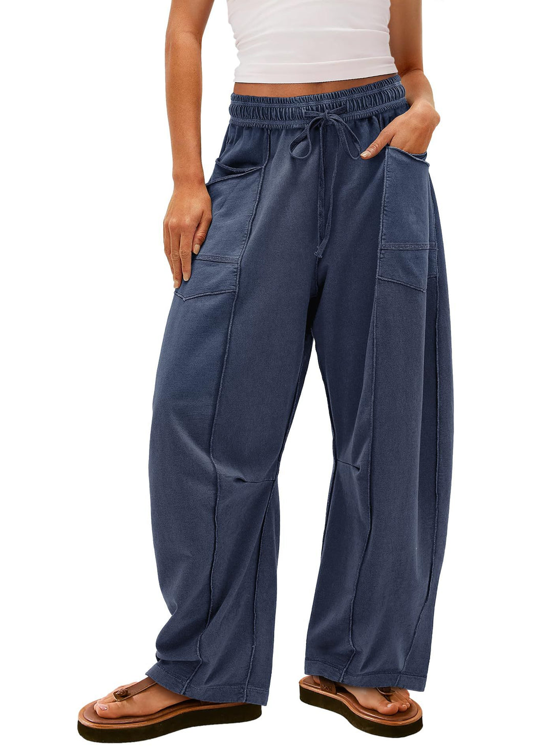 Damen weite Cargo-Loungehose mit elastischem Bund und Kontrastnähten – Avérine