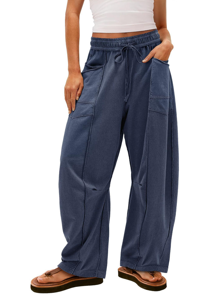 Damen weite Cargo-Loungehose mit elastischem Bund und Kontrastnähten – Avérine