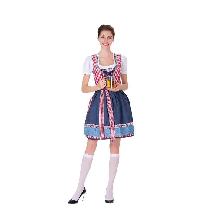 Damen nan traditionelles Trachten-Minikleid mit kariertem Schnürmieder, Puffärmelbluse und dekorativer Schürze Echo Archiv