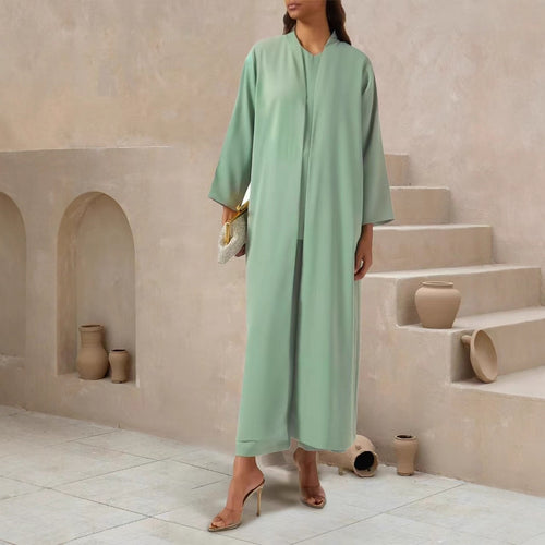 Damen Fließender Maxi-Kaftan-Mantel mit offenem Vorderteil und minimalistischem Stehkragen – Valéora