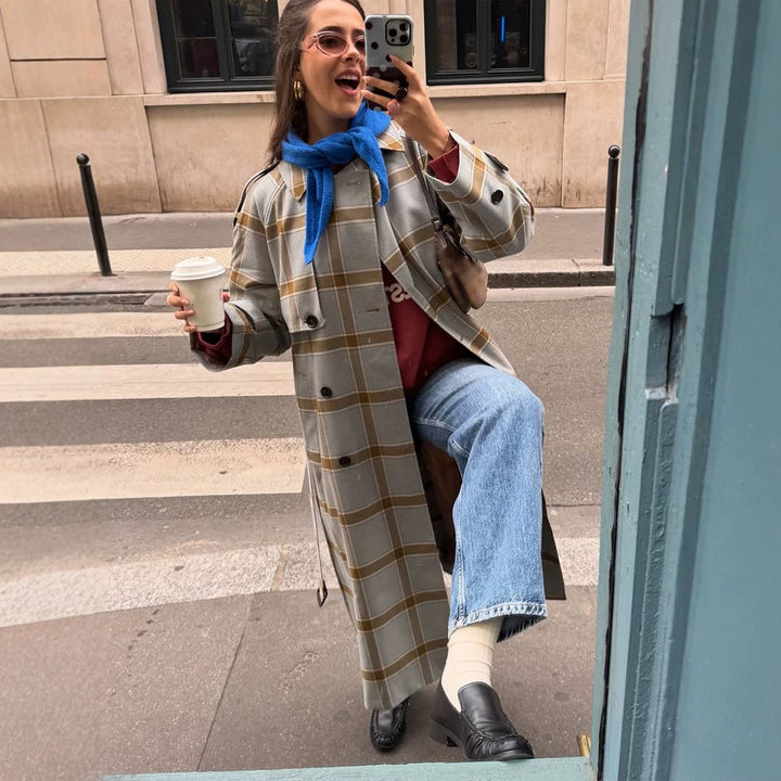 Damen langer kariierter Mantel im Trenchcoat-Stil mit doppelter Knopfleiste Echoarchiv
