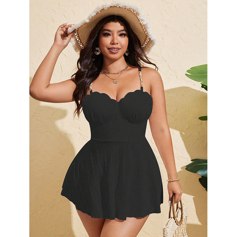 Damen Plissierter Strandkleid Badeanzug mit verstellbaren Trägern und romantischem Ausschnitt Echo Archiv