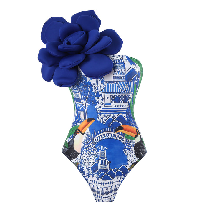 Damen Eleganter Badeanzug mit großem Blumen-Detail und transparentem Überrock Echo Archiv