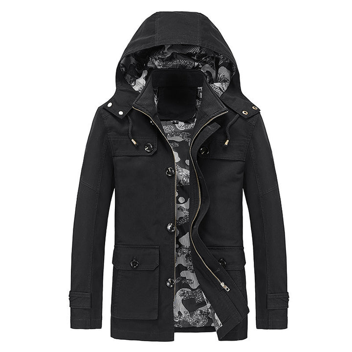 Herren mittellange Canvas-Fieldjacke mit Kapuze, Cargo‑Taschen und Camouflage‑Innenfutter Echo Archiv
