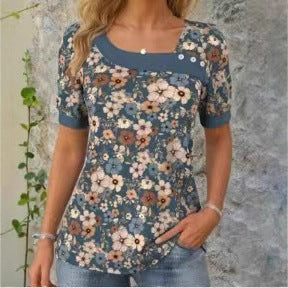 Damen nan leichtes Boho-Blusenshirt mit quadratischem Ausschnitt, Zierknopfleiste und geschwungenem Saum Echo Archiv