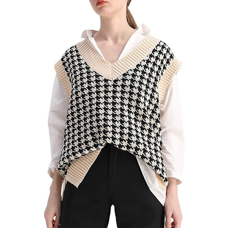 Damen Strickweste mit Hahnentritt-Muster, V-Ausschnitt und geripptem Saum Echo Archiv