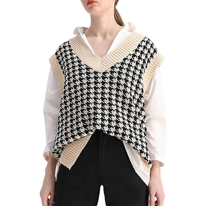 Damen Strickweste mit Hahnentritt-Muster, V-Ausschnitt und geripptem Saum Echo Archiv
