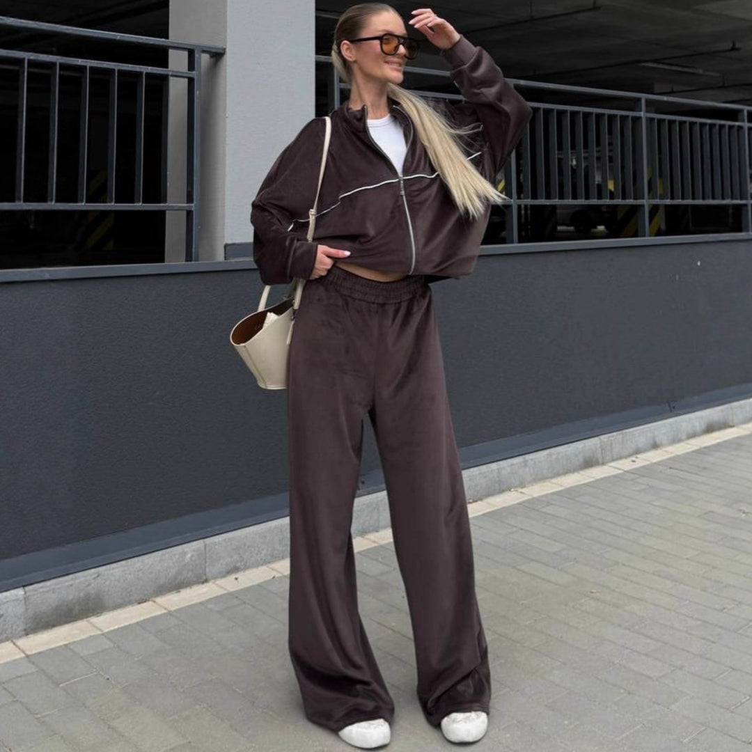Damen Relaxed-Fleece-Set mit halblanger Zipjacke und extraweiter High-Waist Jogginghose – Avérine