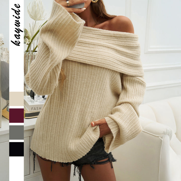 Damen Oversize-Schulterfreier Rippstrickpullover mit weitem Umschlagkragen und Ballonärmeln – Mavelle