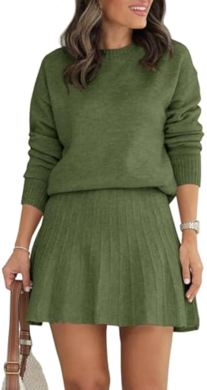 Damen Zweiteiliges Strick-Set mit Rundhals-Pullover und Plissée-Minirock – Élanora