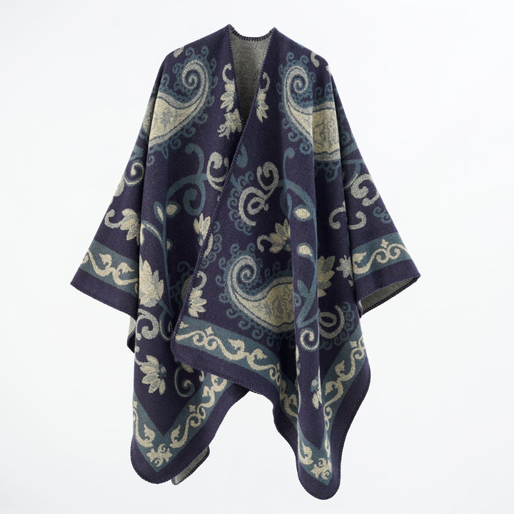 Damen Wollmix-Poncho-Umhang mit Paisley-Jacquard und Ziernaht – Célinea