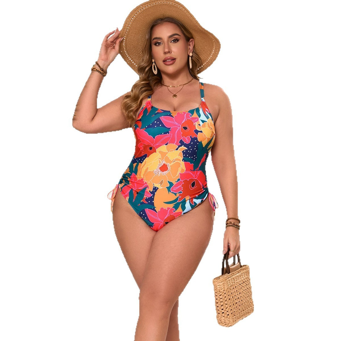 Damen Einteiler Badeanzug mit floralem Design und seitlichen Bindungen – Maréssa