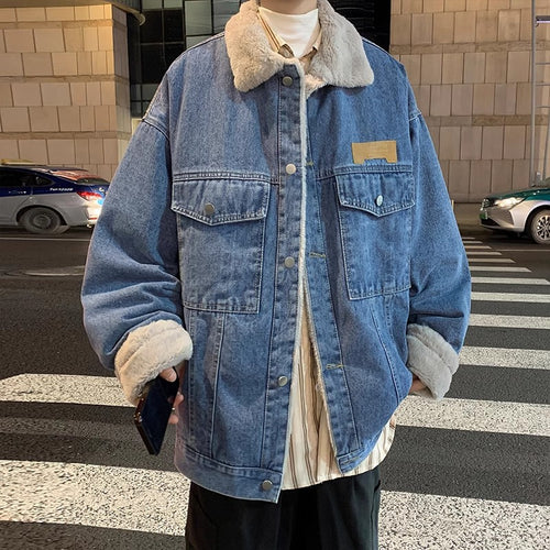 Herren Lässige Denimjacke mit Kunstfellkragen Echoarchiv