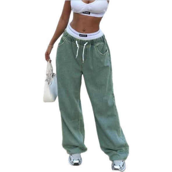 Damen Weite Vintage-Denim-Hose mit elastischem Tunnelzugbund und bodenlangem Baggy-Schnitt Echo Archiv