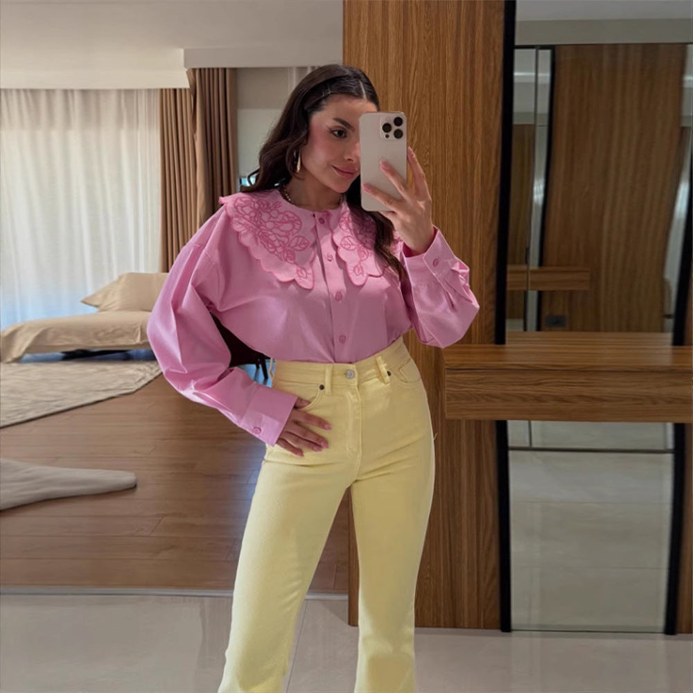 Damen Bluse mit übergroßem besticktem Spitzenkragen, Ballonärmeln & kastiger Silhouette Echoarchiv