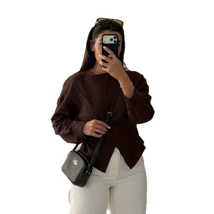 Damen Asymmetrische taillierte Blusenjacke aus Leinen mit diagonalem Knopfverschluss Echoarchiv