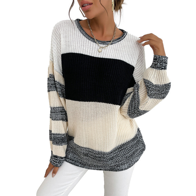 Damen Oversize Strickpullover mit grobem Rippstrick, Blockstreifen und weitem Rundhalsausschnitt Echoarchiv