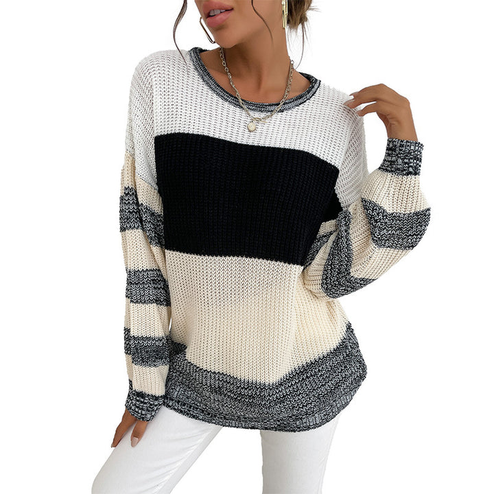 Damen Oversize Strickpullover mit grobem Rippstrick, Blockstreifen und weitem Rundhalsausschnitt Echoarchiv