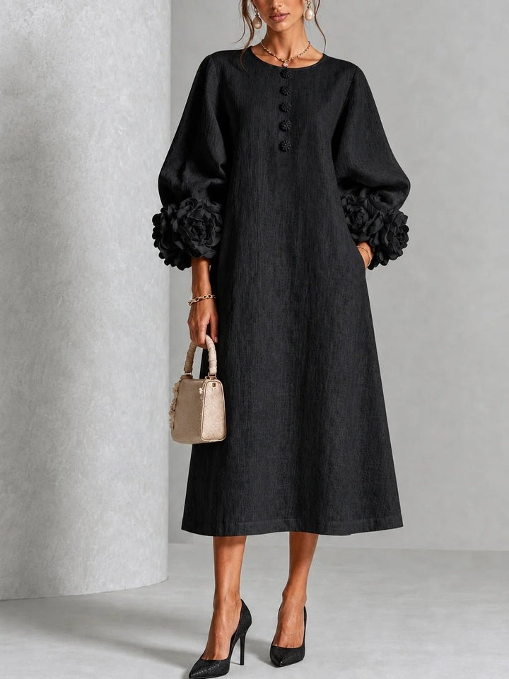 Damen Midikleid aus Leinen mit Ballonärmeln und 3D-Blütenmanschetten Echo Archiv