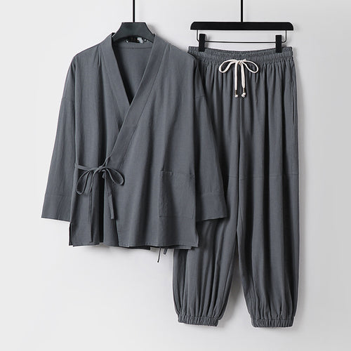 Unisex Entspanntes Kimono-Set mit Wickeljacke, dreiviertelärmeln und elastischer Kordelharemshose Echoarchiv