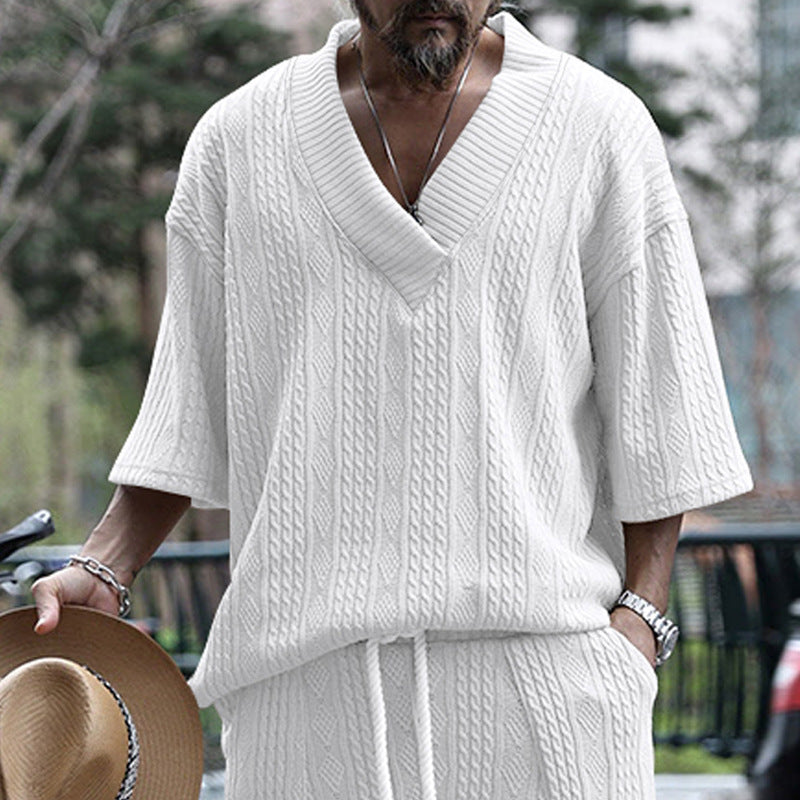 Damen nan Kurzarm-Strickpullover im weiten Schnitt mit tiefem V-Kragen und Zopfmuster Echo Archiv