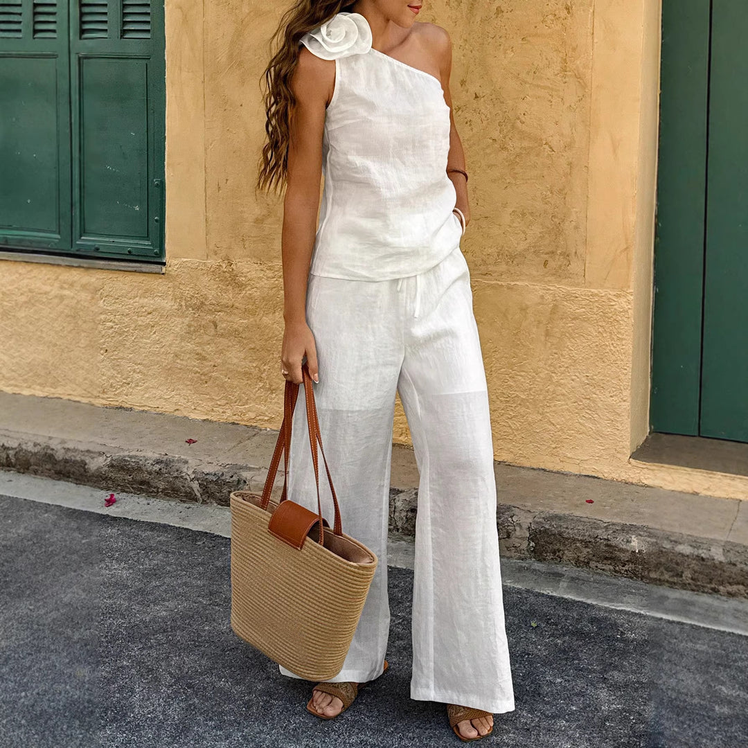 Damen Einschultriger Leinen-Jumpsuit mit Zier-Rosette und weitem Bein – Solévia