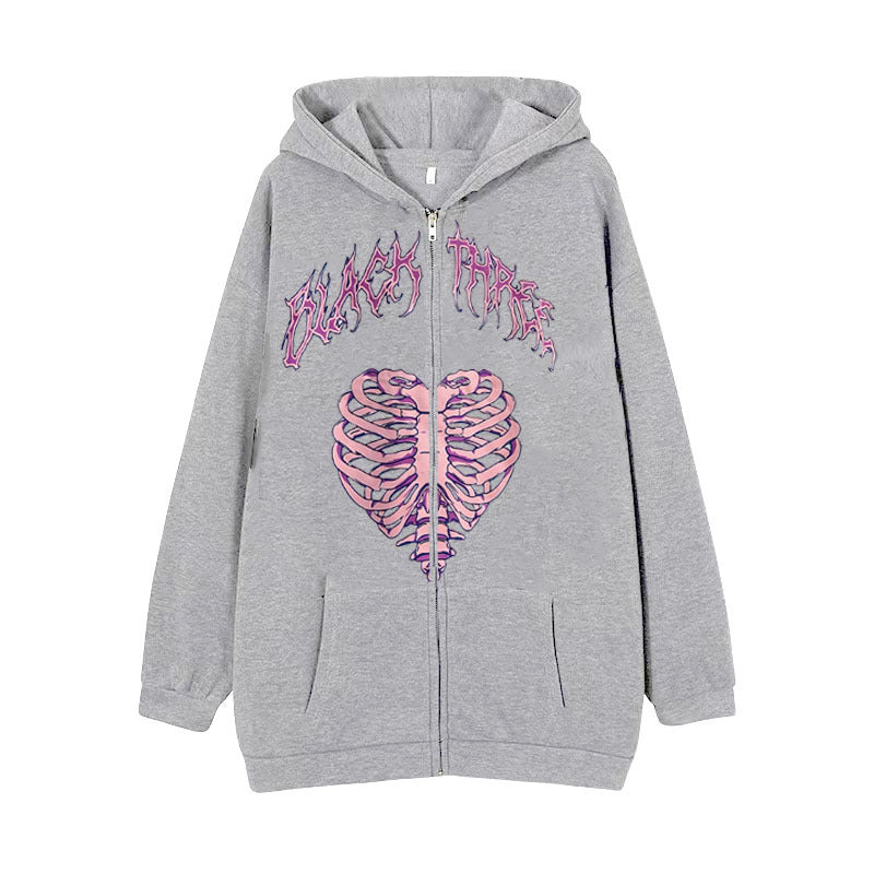 Damen Kapuzenjacke mit durchgehendem Reißverschluss und Rippenherz-Print – Auréline