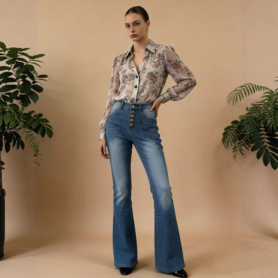 Damen Flared Jeans mit Knopfdetail und hohem Bund Echo Archiv
