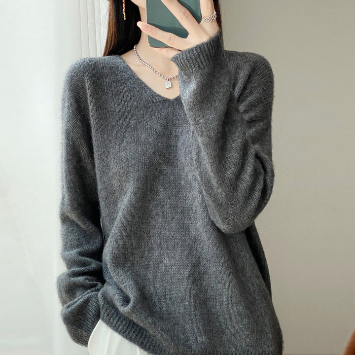Damen Oversize-Feinstrickpullover mit feinem V-Ausschnitt und verlängertem Ärmelabschlusst Echoarchiv