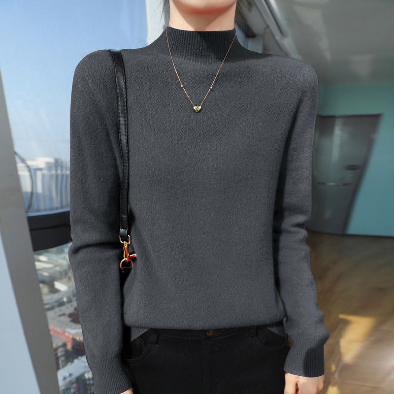 Damen Schlanker minimalistischer Stehkragen-Feinstrickpullover mit geripptem Hals Echoarchiv