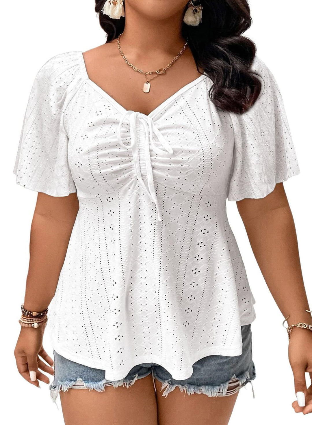Damen A-Linien Boho-Bluse mit Lochstickerei, Raffung und Bindeband – Élovi