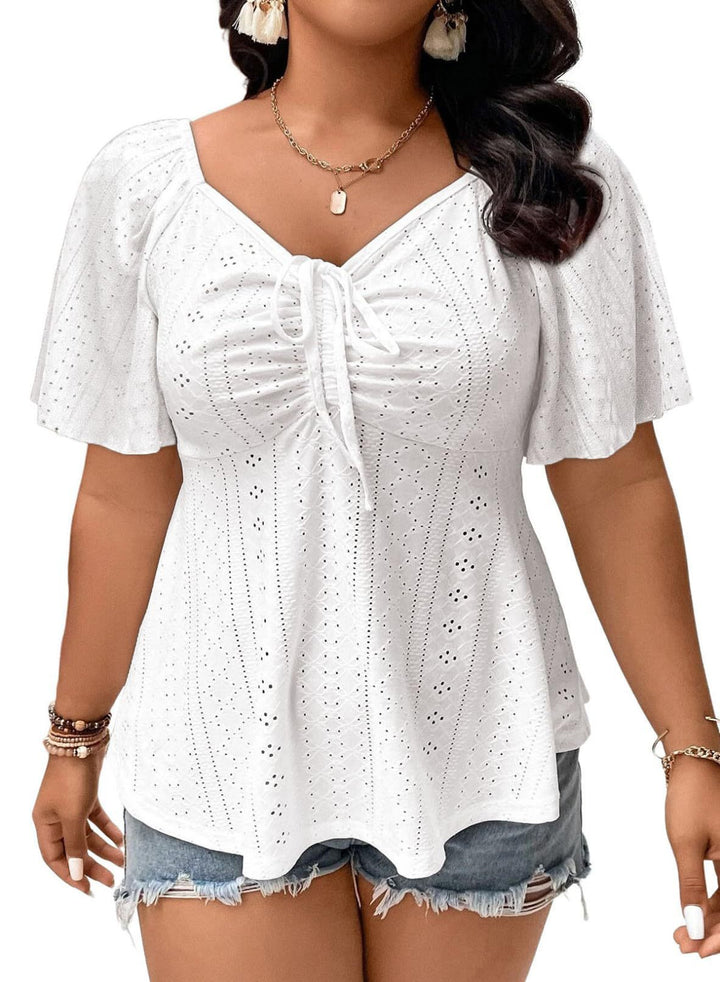 Damen A-Linien Boho-Bluse mit Lochstickerei, Raffung und Bindeband – Élovi