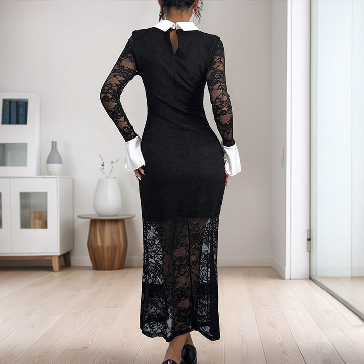 Damen Elegantes Spitzenkleid mit Kontrastkragen Echo Archiv