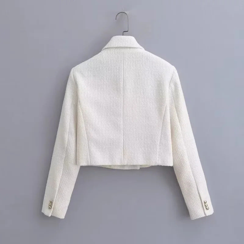 Damen kurze Bouclé-Cropped-Jacke mit Reverskragen und dekorativen Metallknöpfen – Célinea